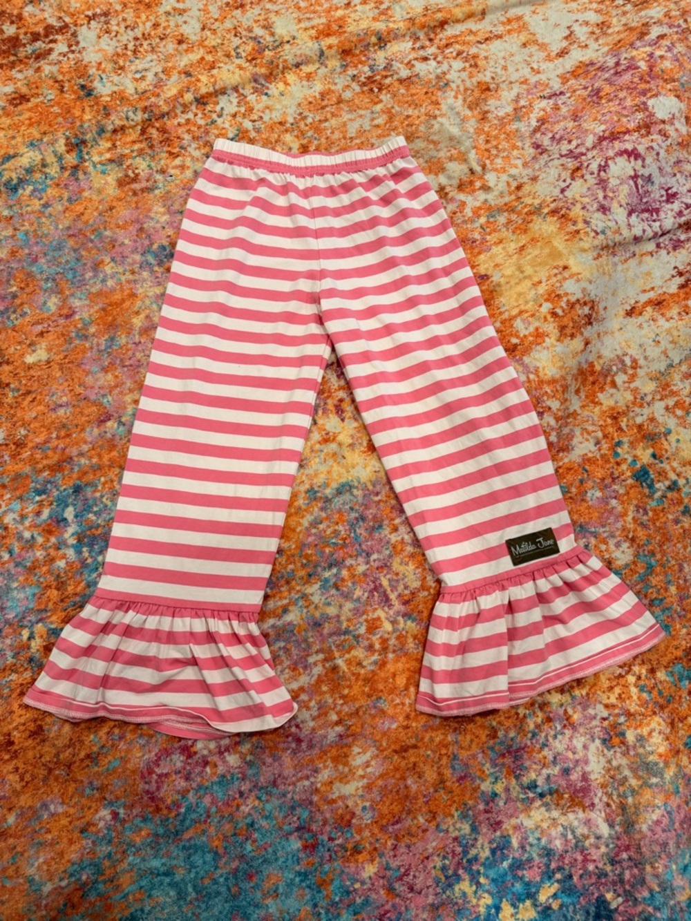 Matilda Jane Girls Pink Stripe Ruffle Pants Size 10 Bell Bottom Leggings